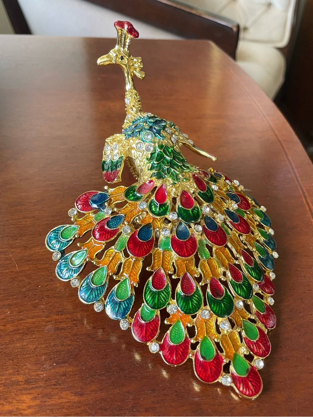 Vintage Gold Jeweled Enamel Peacock Figurine Trinket Box, Paperweight